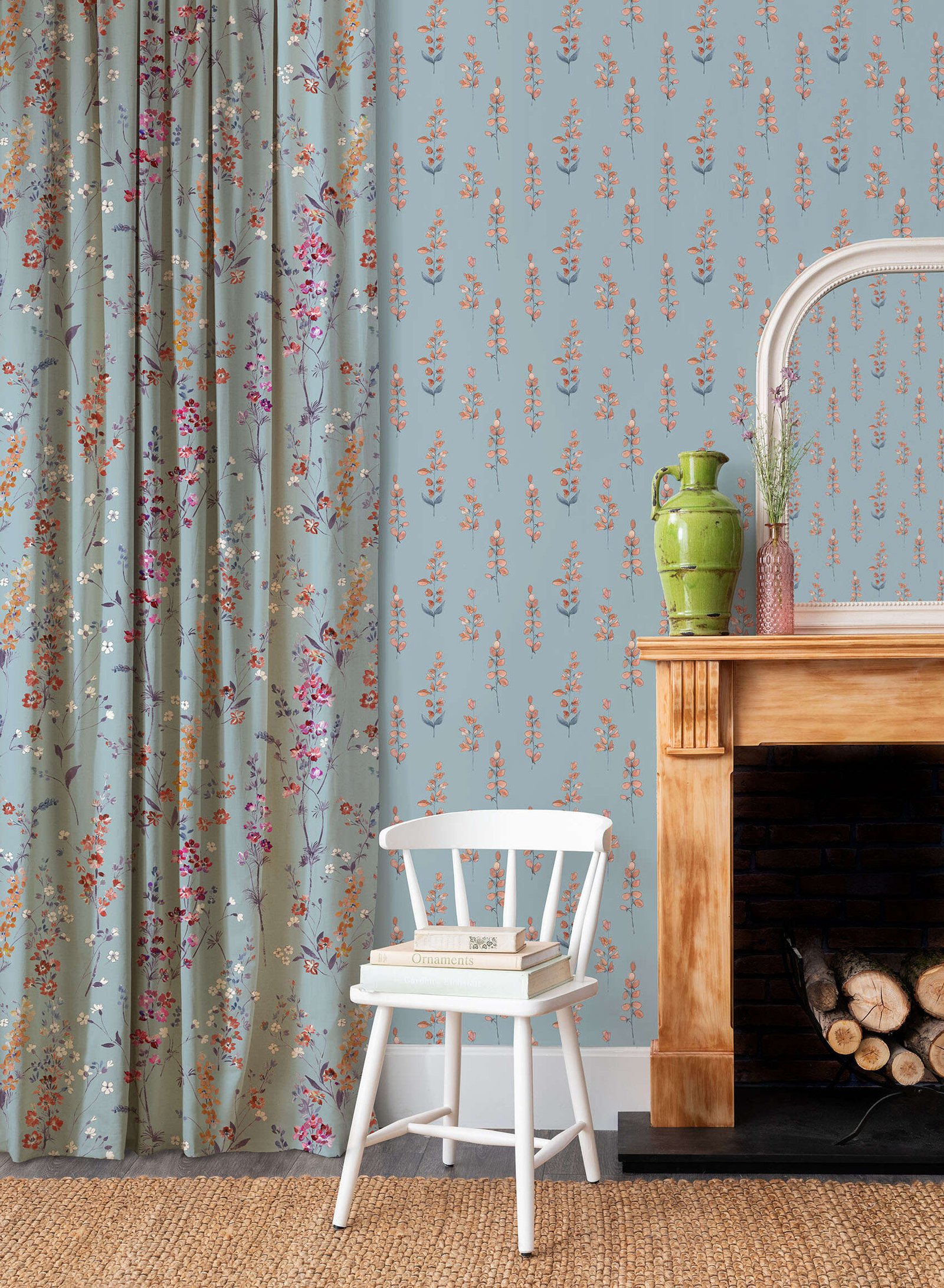 floral curtains and wallpaper